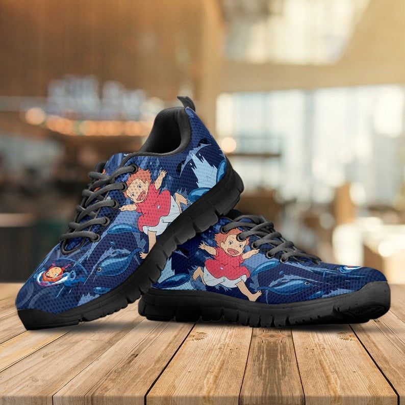 Ponyo Shoes, Studio Ghibli Custom Shoes, Anime Gift Shoes Black Shoes Birthday Gift Fashion Fly Sneakers Shirttrend