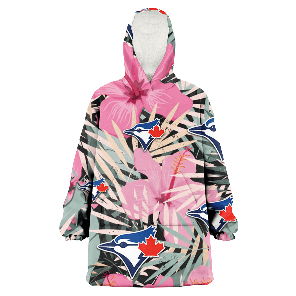 Toronto Blue Jays Light Pink Hibiscus Pale Green Leaf Black Background 3D Printed Hoodie Blanket Snug Hoodie