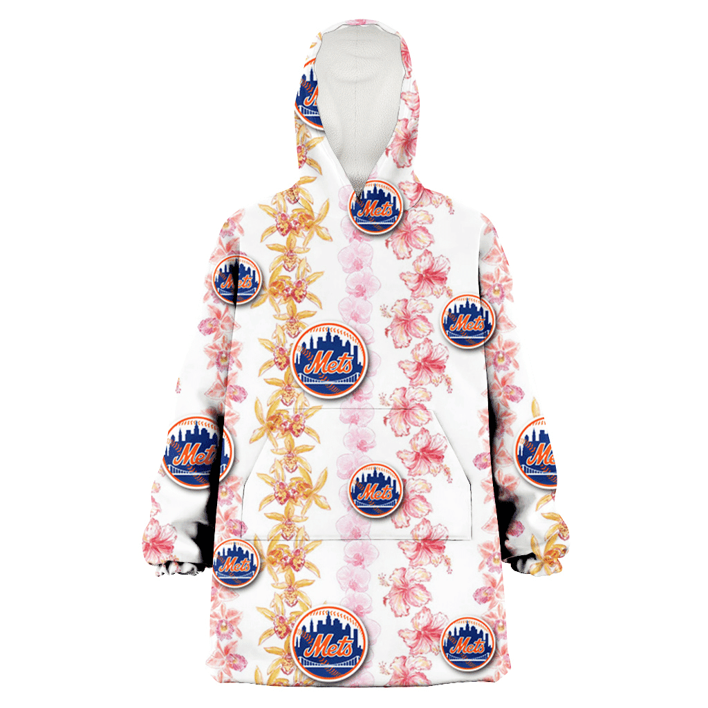 New York Mets Pink Hibiscus Yellow Pink Orchid White Background 3D Printed Hoodie Blanket Snug Hoodie