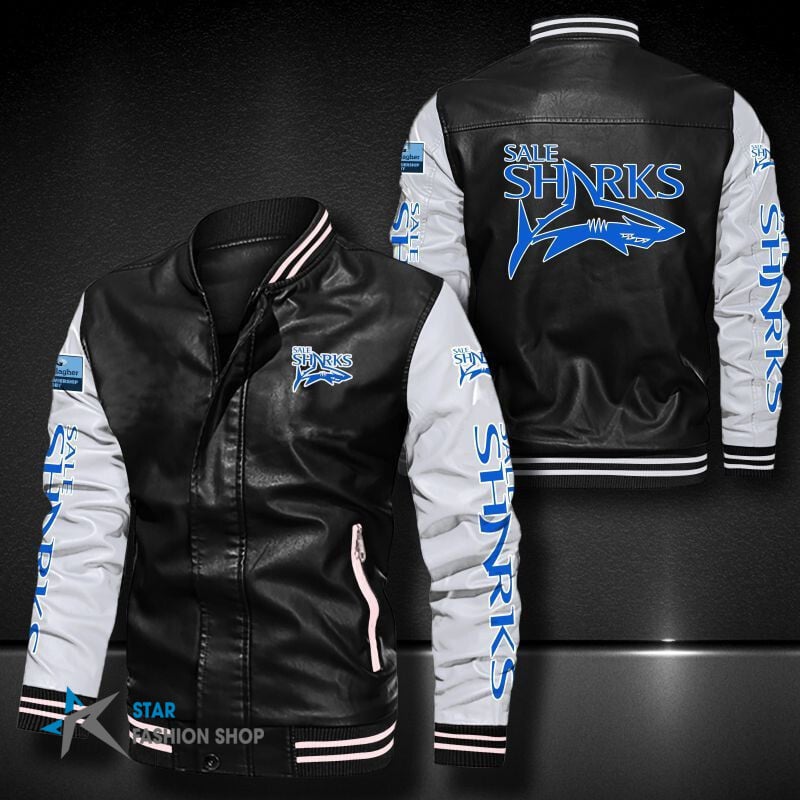 Sale Sharks Leather Varsity Jacket Bomber Coat