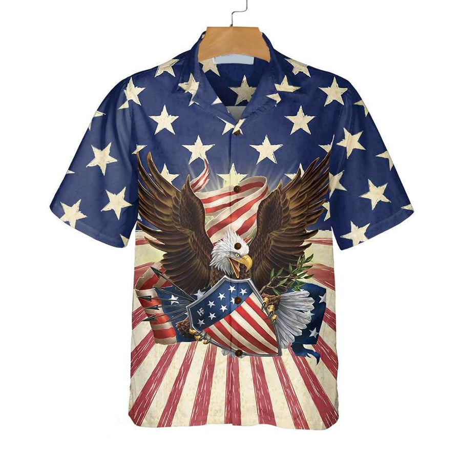 Patriotic Eagle Defending Honor And America Hawaiian Shirt, American Flag Button-Down Shirt