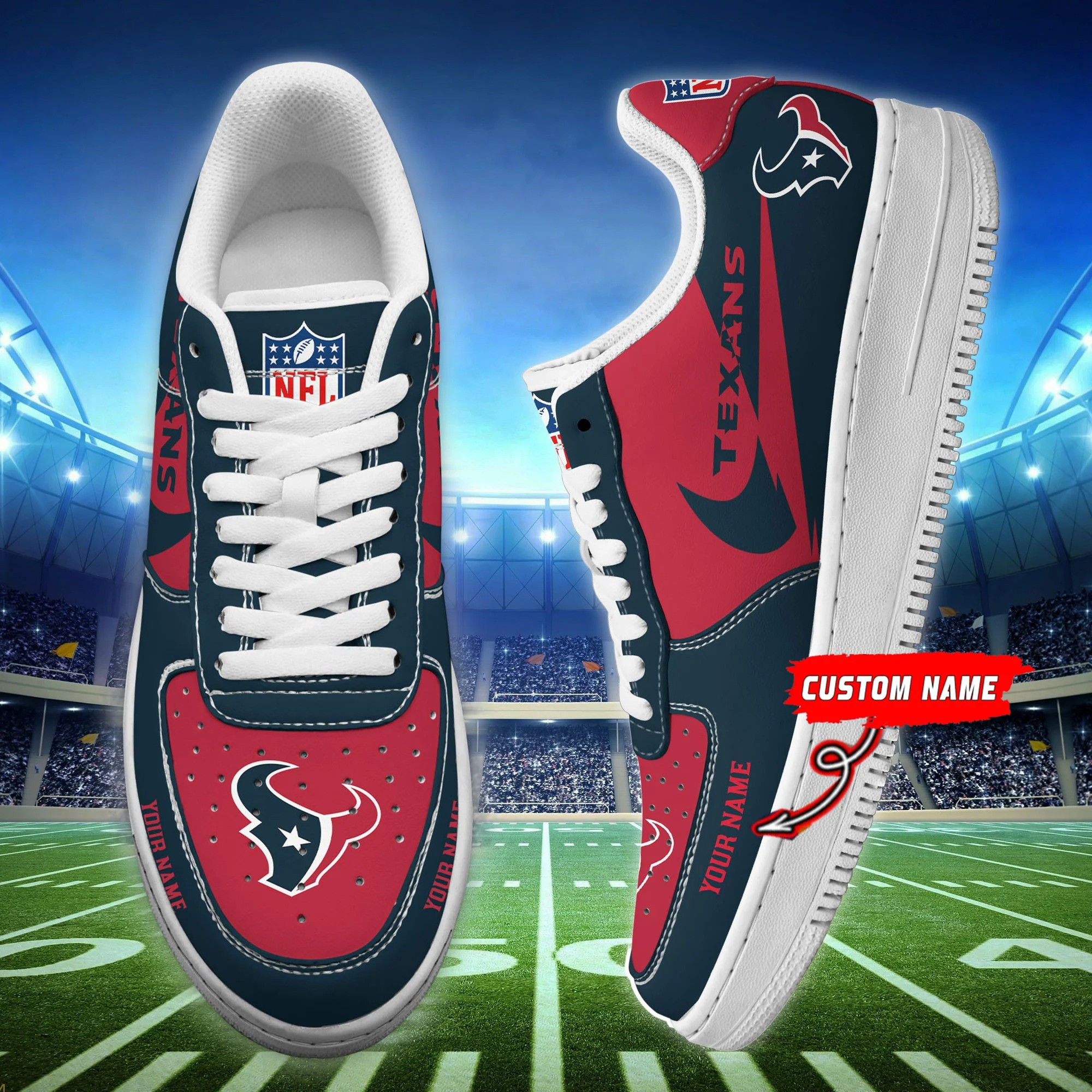 Houston Texans Navy & Red Custom Name Air Force 1 Shoes Sneakers