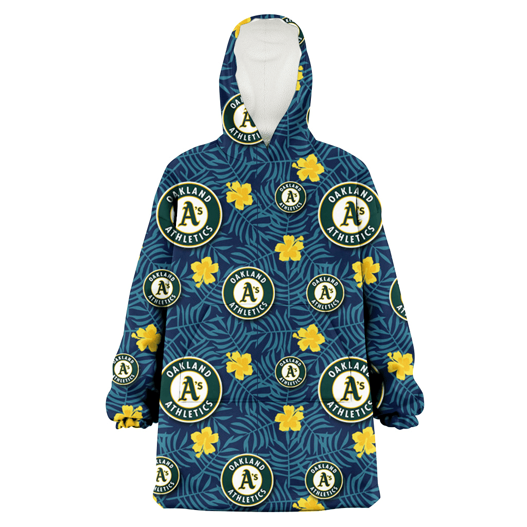 Oakland Athletics Yellow Hibiscus Cadet Blue Leaf Navy Background 3D Printed Hoodie Blanket Snug Hoodie