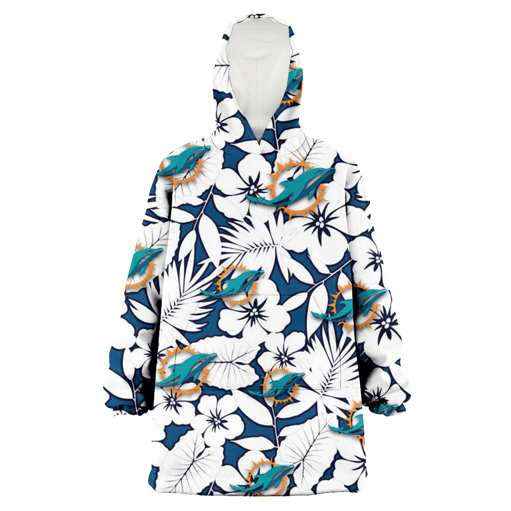 Miami Dolphins White Hibiscus And Leaves Blue Background 3D Printed Hoodie Blanket Snug Hoodie