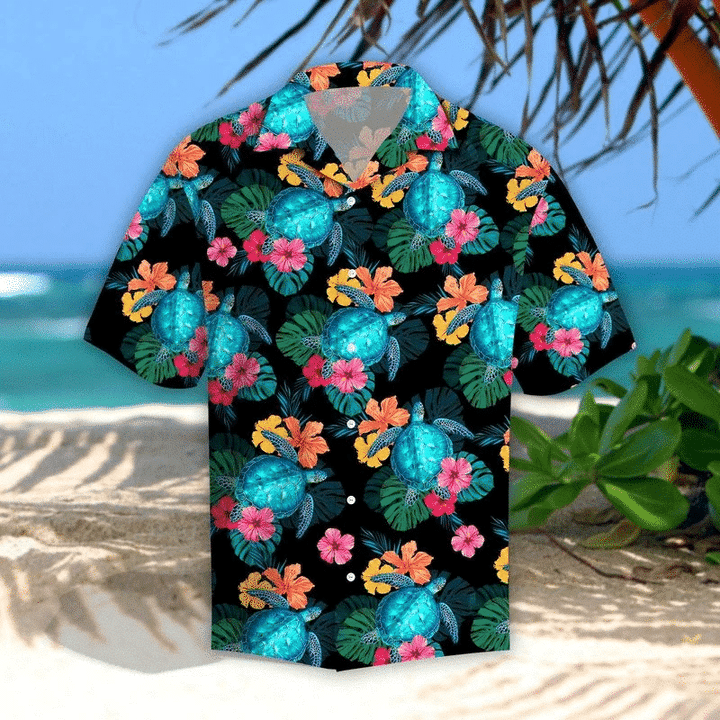 Turtles Glow Hibiscus Tropical Leave Black Theme Hawaiian Shirt, Short Sleeve Hawaiian Aloha Shirt For Men And Women