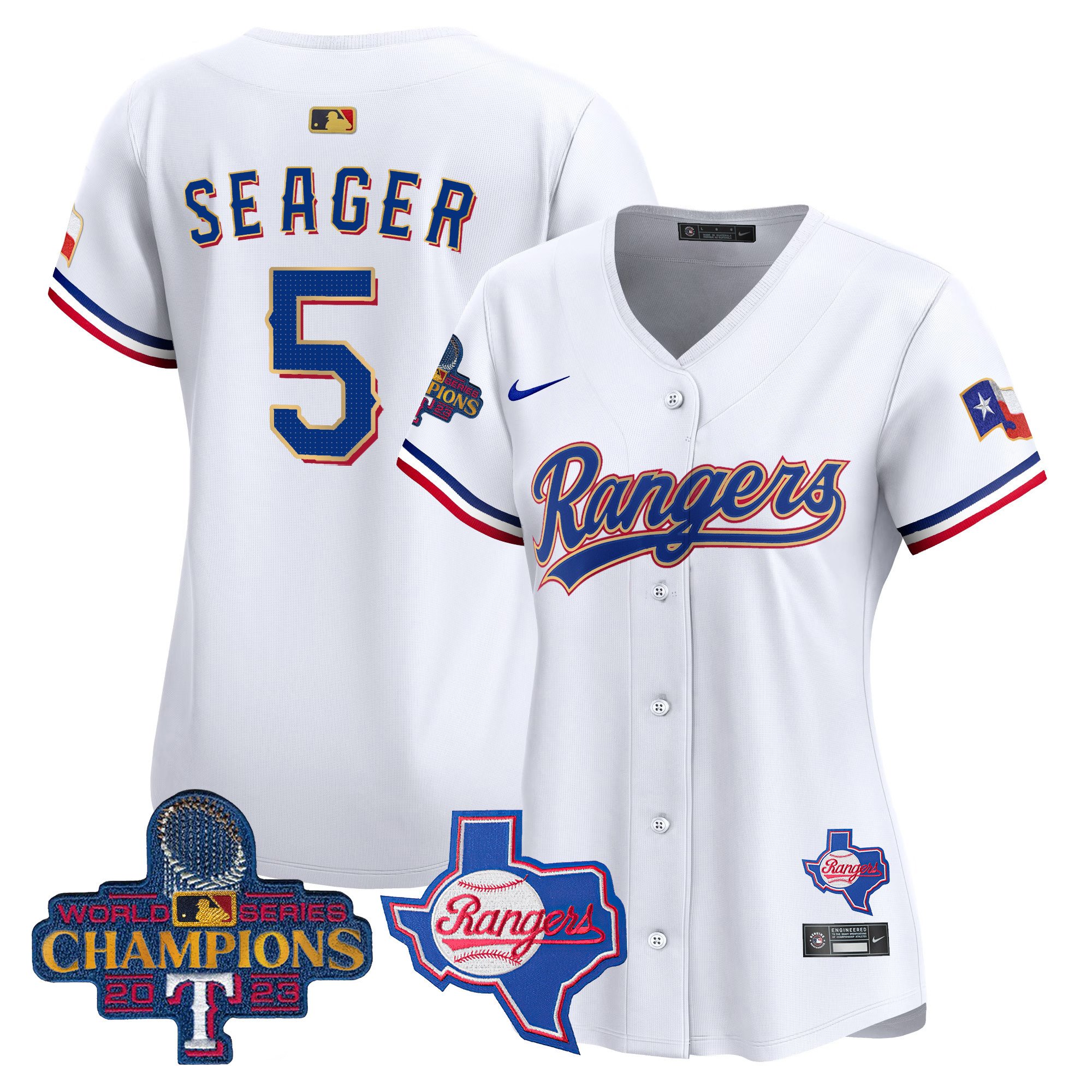 Women’S Texas Rangers 2023 World Series Champions Gold Trim Vapor Premier Limited Jersey V2 – All Stitched