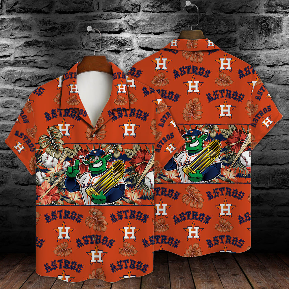 Houston Astros Mascot And Leaves Tropical Pattern Hawaiian Shirt