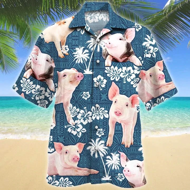 Pig Blue Tribal Pattern Hawaiian Shirt, Pig Hawaiian Shirts, Pig Aloha Shirt For Men, Hawaii Shirt Woman