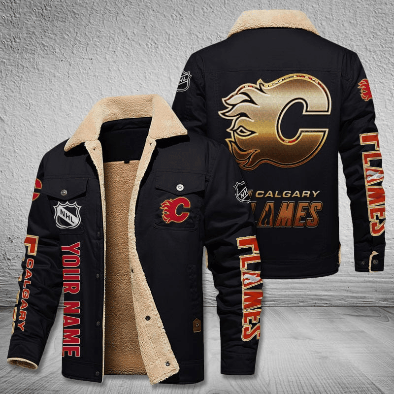 Calgary Flames-NHL Style Custom Name Stand Collar Jacket