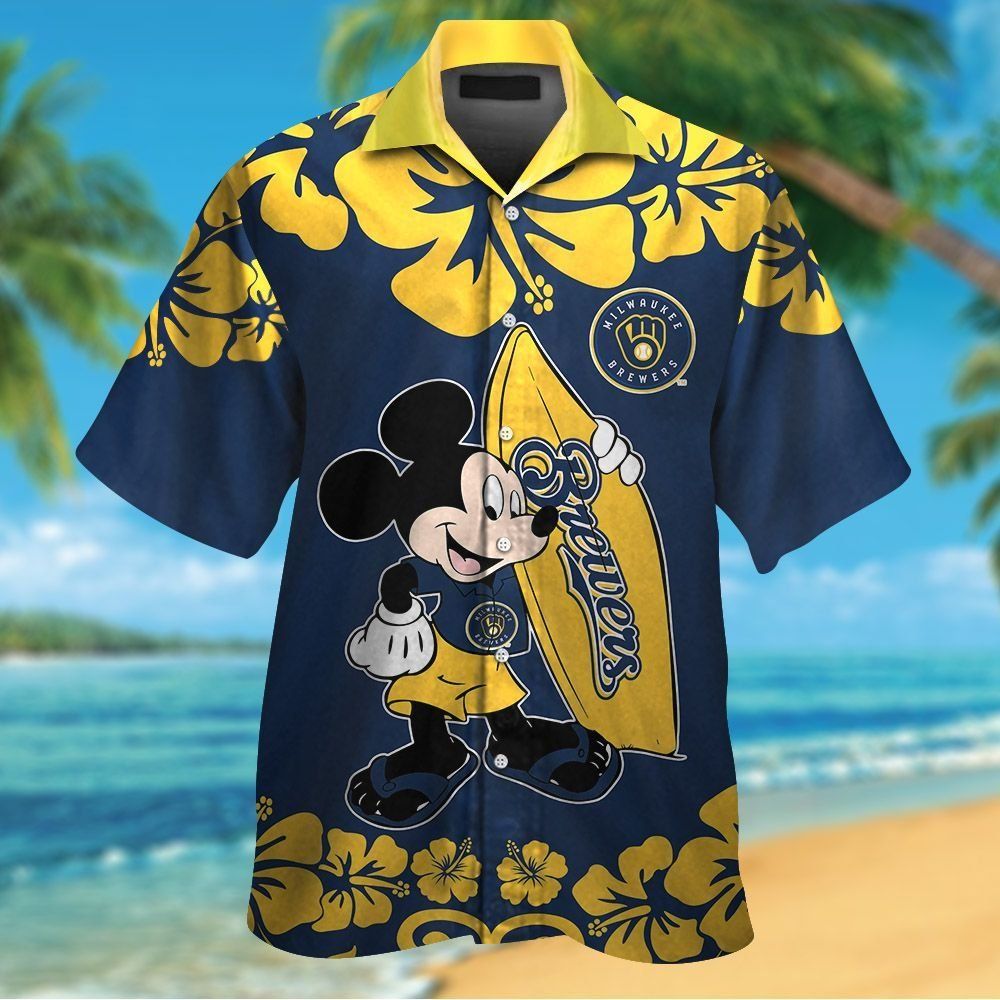 Milwaukee Brewers Mickey Mouse Short Sleeve Button Up Tropical Hawaiian Shirt