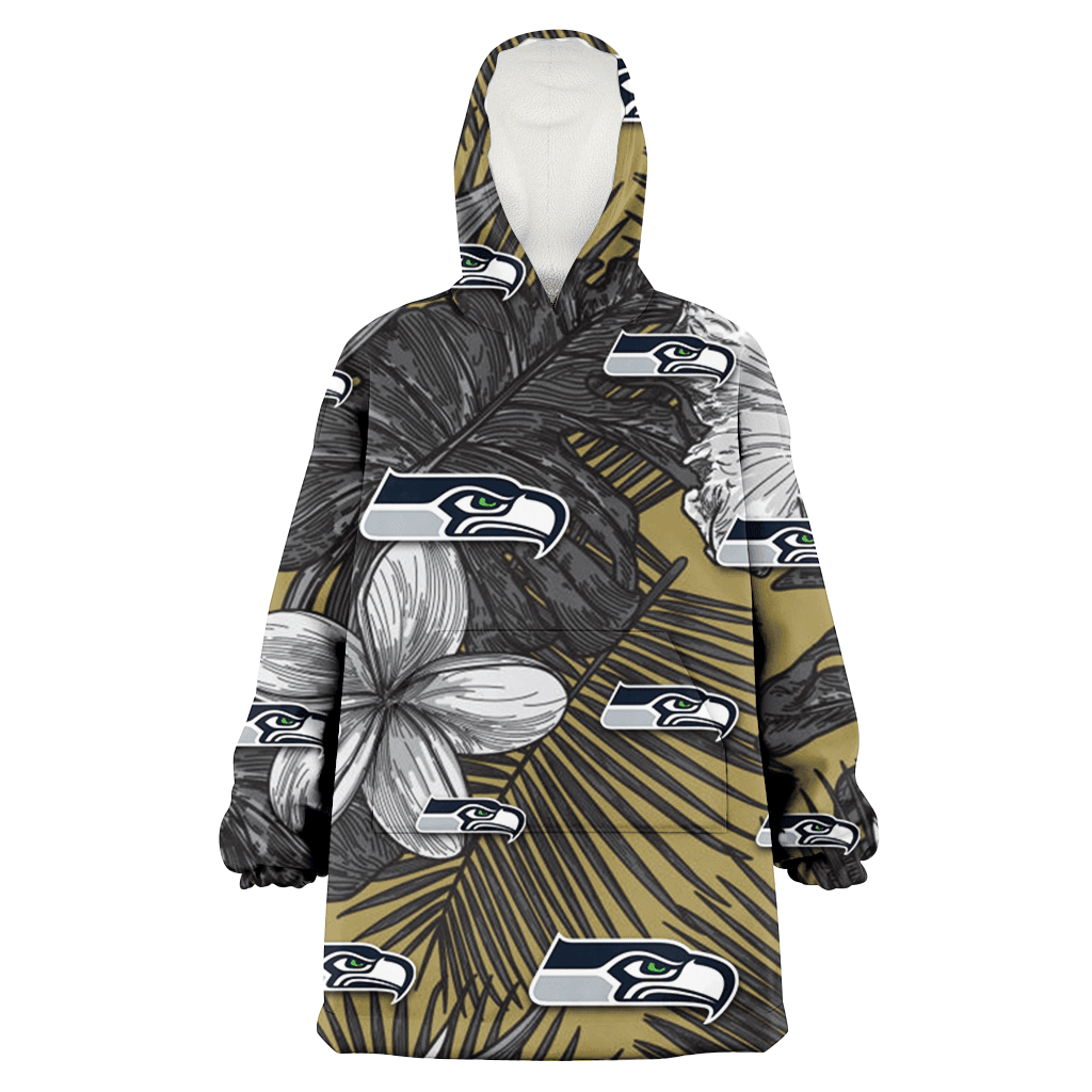 Seattle Seahawks Gray Sketch Hibiscus Yellow Palm Leaf Black Background 3D Printed Hoodie Blanket Snug Hoodie