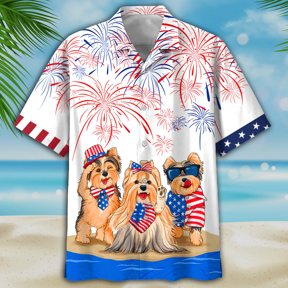 Yorkshire Terrier Independence In Comping, Men’S Usa Patriotic Hawaiian Shirt