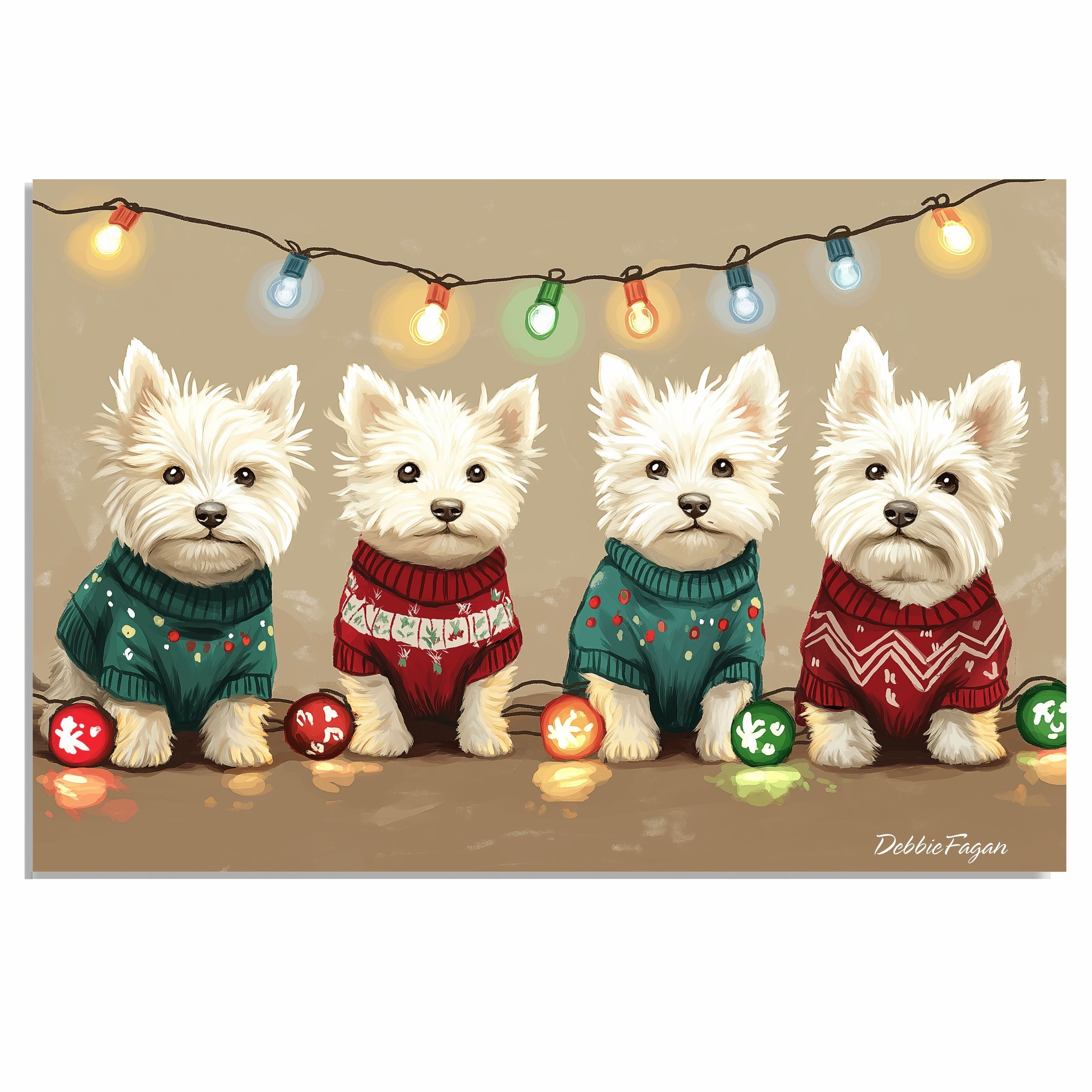 Noel, Xmas x Snorider Dog Christmas Canvas  - "Highland Holiday Joy" - West Highland Terriers in Festive Sweaters with Christmas Lights on Ready to Hang 1.5" Thick Canvas Wrap, Floating Framed Canvas, Flat Rolled Canvas