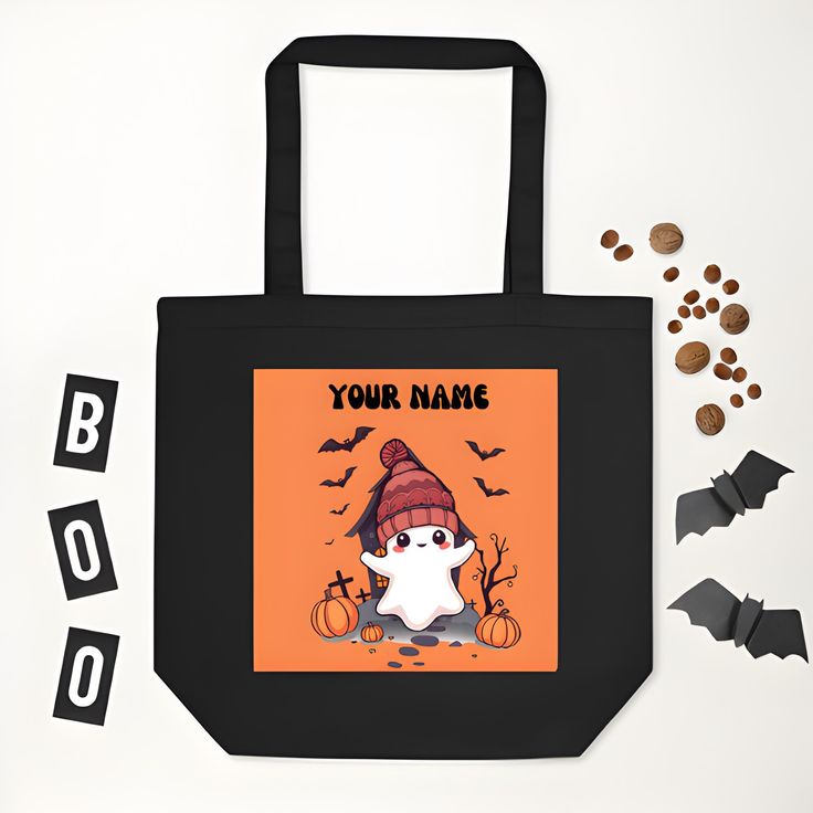 Name Personalized Trick or Treat Cute Kawaii Ghost  Black Eco Tote Bag, Best Tote Bags Ideas, Cute Tote Bags Ideas, Tote Bag Design Ideas, Girls Tote Bag, Best Canvas Tote Bags Ideas