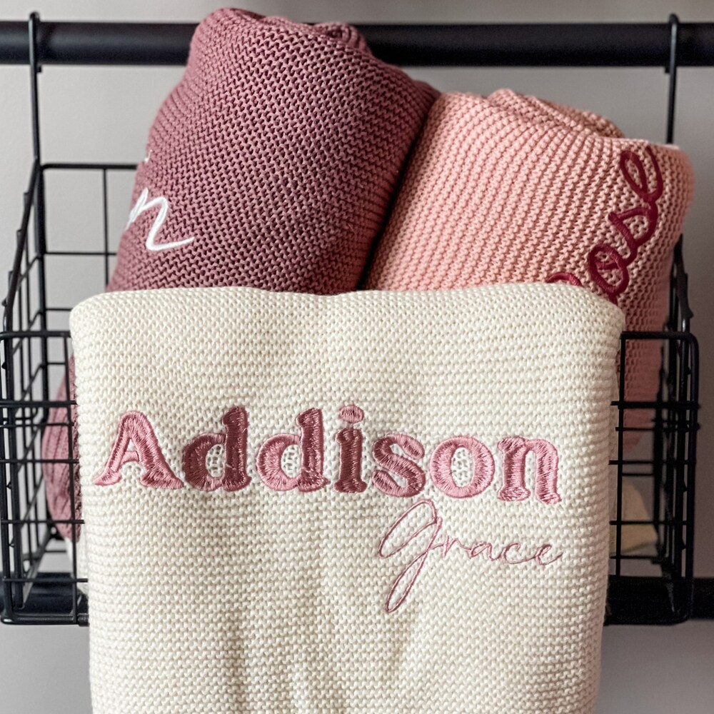 Embroidered Name Knit Blanket, Knitted Baby Name Blanket, Baby Name Blanket, Personalized Name, Name Blanket For Girl, Pink Baby Blanket X Teetrailblazer Teeshirtsummer