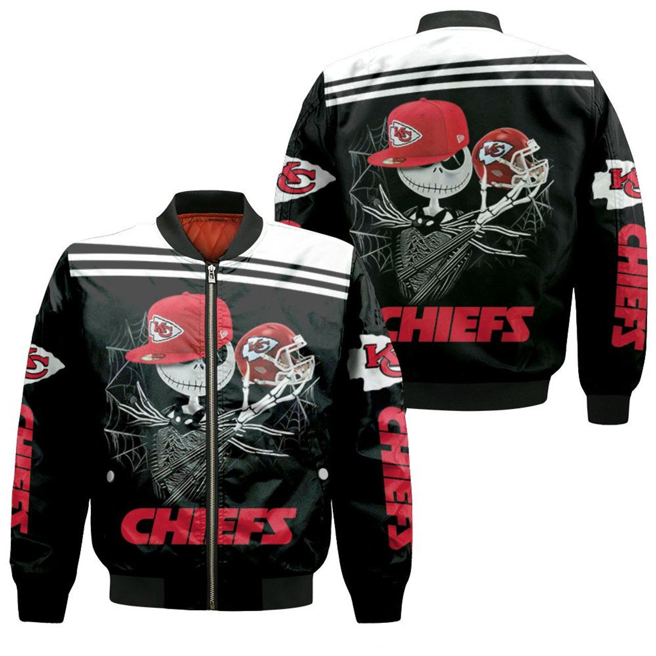 Jack Skellington Keeps Kansas City Chiefs Pattern Bomber Jacket Black And Red