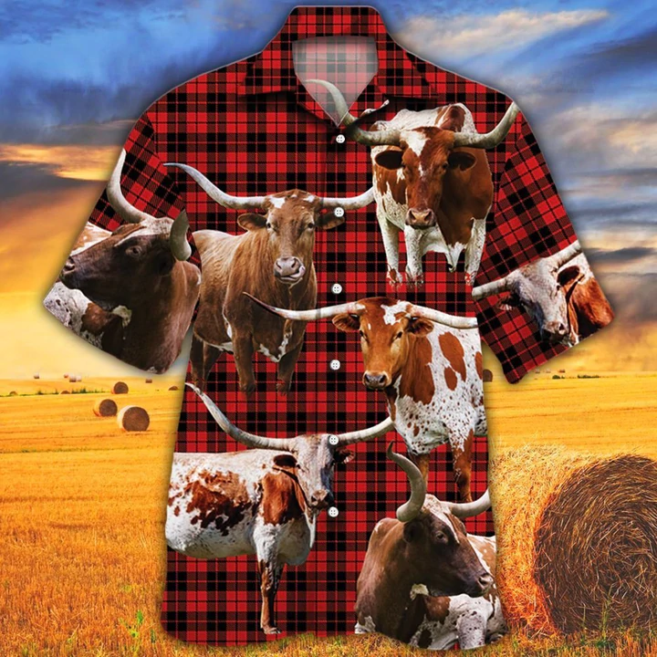 Tx Longhorn Cattle Lovers Red Tartan Pattern Hawaiian Shirt , Cow Aloha Shirt, Gift For Cow Lovers