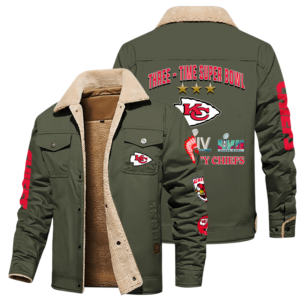 Kansas City Chiefs NFL Division Three Time Super Bowl Champions Green Stand Collar Jacket