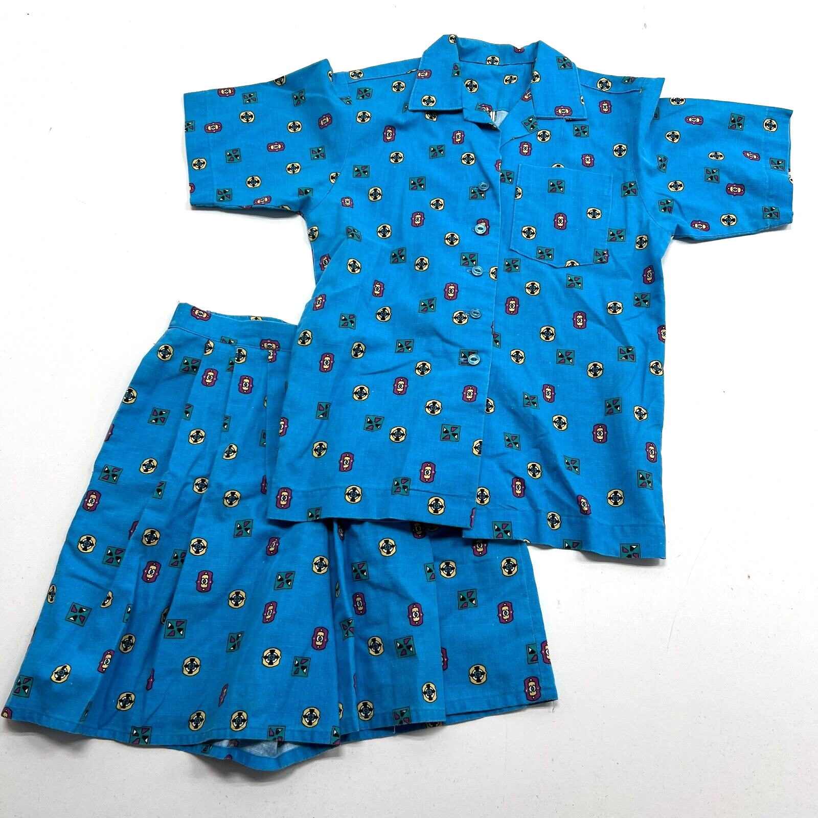 Vintage Handmade Blue Camp Shirt & Shorts Set Geometric Pattern Women's XS  - Foxyshop Fashion