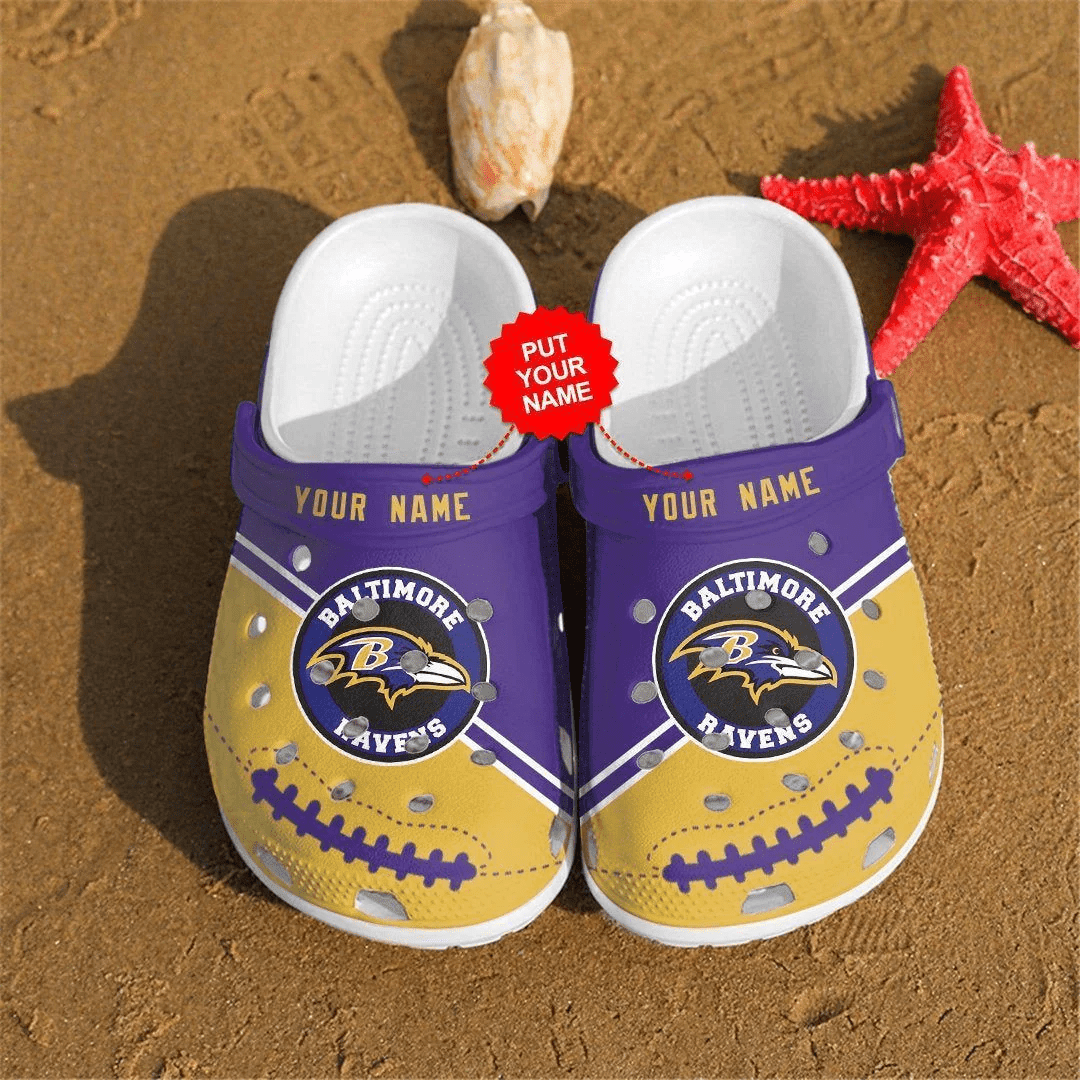 Baltimore Ravens Custom Name Pattern Crocss Classic Clogs Shoes In Purple & Yellow Ver313