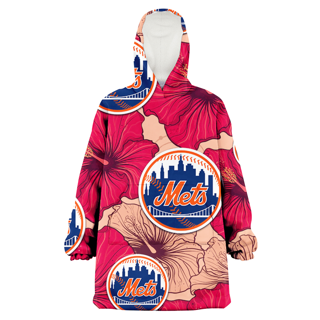 New York Mets Red Beige Hibiscus Beige Background 3D Printed Hoodie Blanket Snug Hoodie