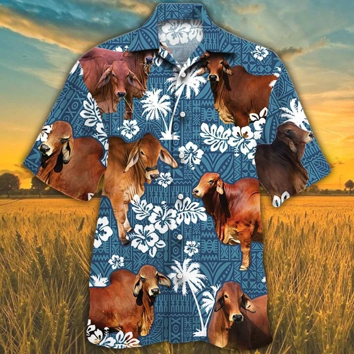 Red Brahman Cattle Lovers Blue Tribal Pattern Hawaiian Shirt, Cow Hawaiian Shirts, Cow Aloha Shirt For Men, Hawaii Shirt Woman