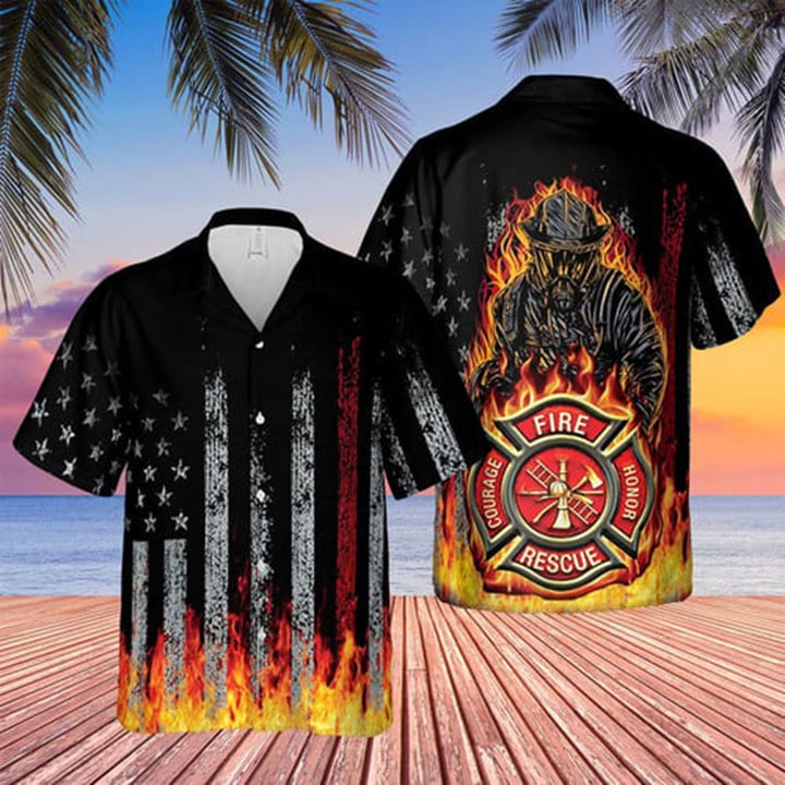 Black Flag American Firefighter Bagde Fired Hawaiian Tshirt, Hawaiian Shirt Short Sleeves