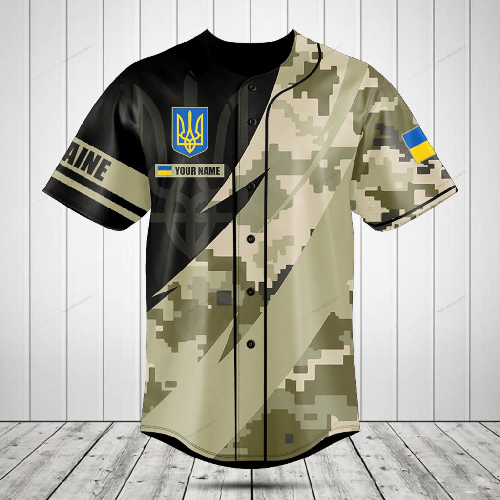 Merchcustom Ukraine Coat Of Arms Camo Fire Style Custom Baseball Jersey For Fan
