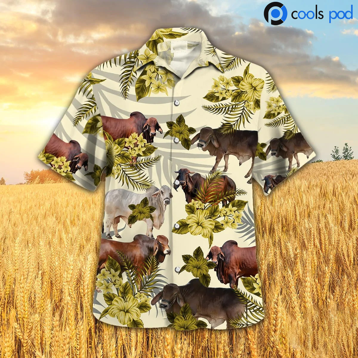 Brahman Hibiscus Hawaiian Shirt, Yellow Farm Cow Hawaiian Shirt, Hawaiian Shirt Short Sleeve Premium