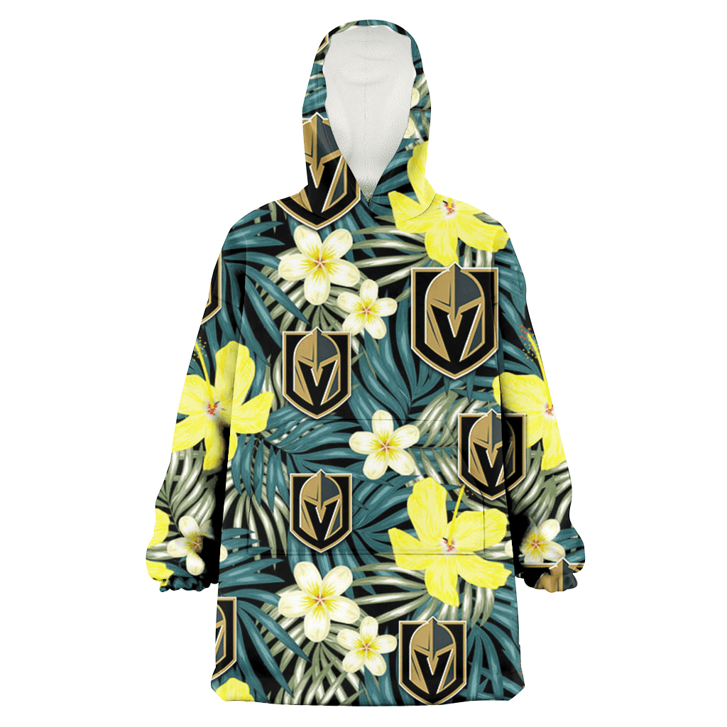 Vegas Golden Knights Hibiscus Green Palm Leaf Black Background 3D Printed Hoodie Blanket Snug Hoodie