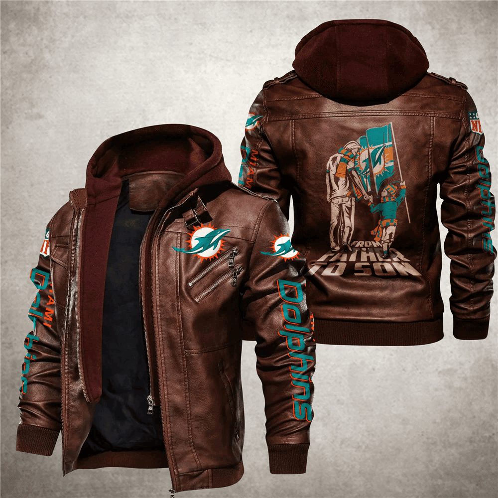 Miami Dolphins From Father to Son Zip Leather Jacket With Hood