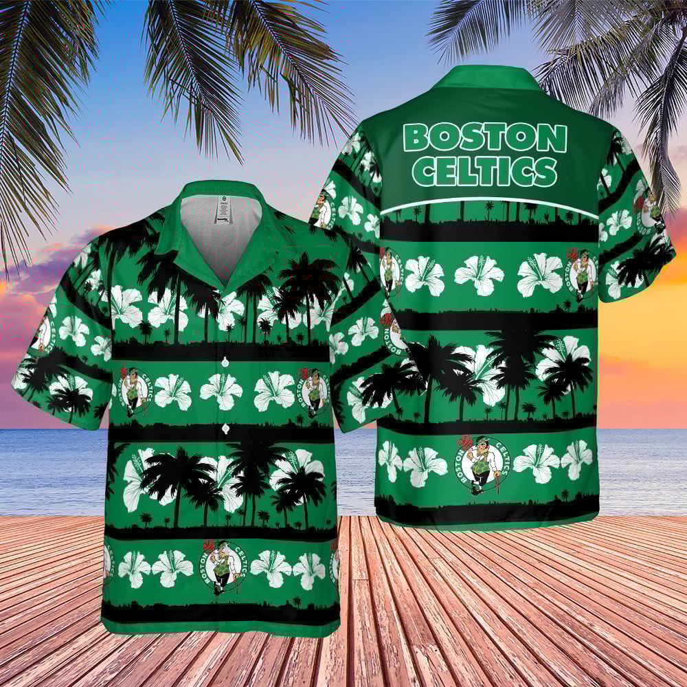 Boston Celtics White Hibiscus Flower On Green Background Print Hawaiian Shirt