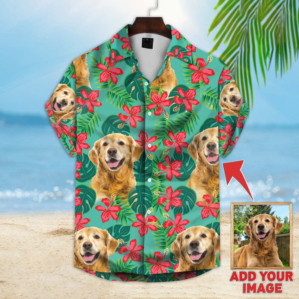 Custom Image Dog Leaves & Flowers Pattern Short-Sleeve Hawaiian Shirt Mint Color, Gift For Men Women, Hawaiian Shirt For Dog Lover