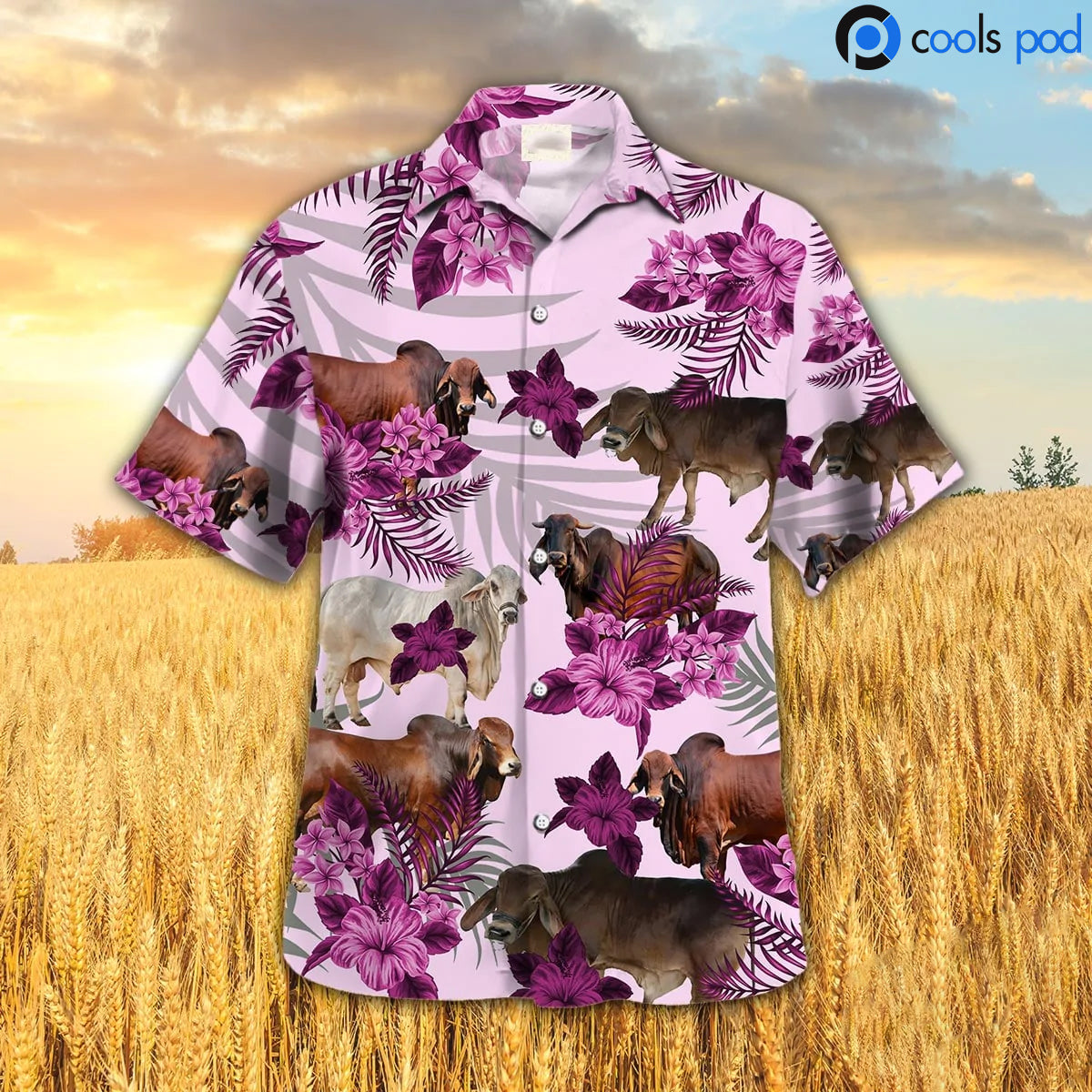 Brahman Hibiscus Hawaiian Shirt, Pink Cow Hawaii Aloha Shirt, Farmer Hawaiian Shirts Men Women