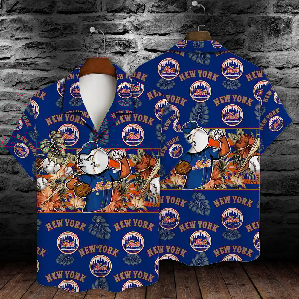 New York Mets Mascot And Leaves Tropical Pattern Hawaiian Shirt