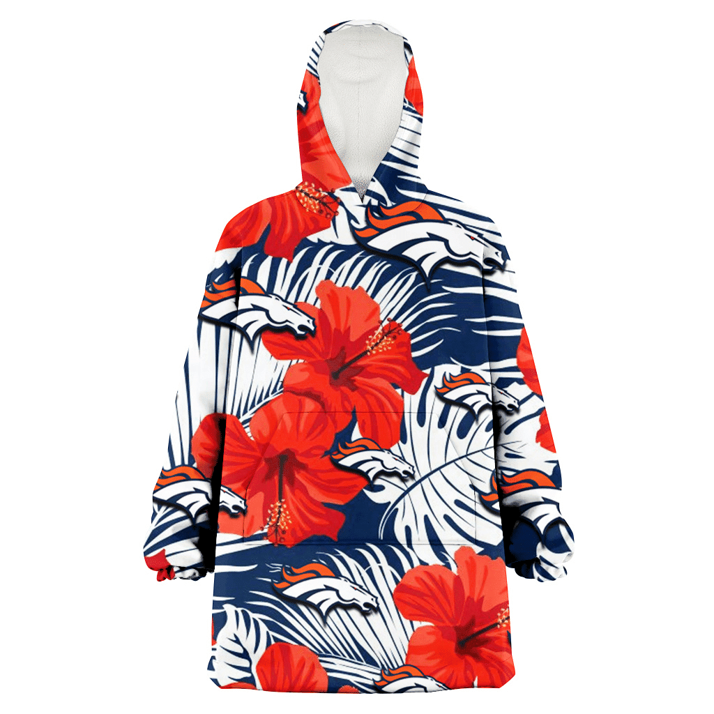 Denver Broncos White Tropical Leaf Red Hibiscus Navy Background 3D Printed Hoodie Blanket Snug Hoodie