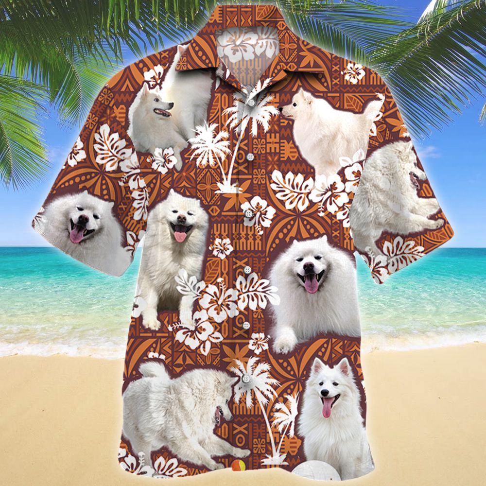 American Eskimo Dog Red Tribal Pattern Hawaii Shirt, Dog Hawaiian Shirt Men, Short Sleeve Hawaiian Aloha Shirt