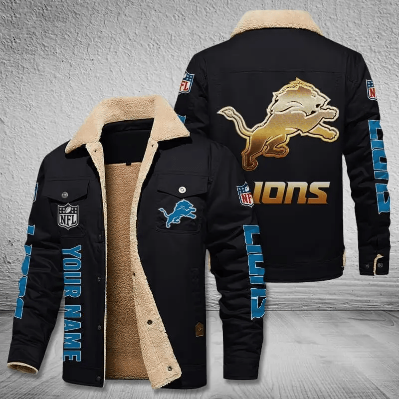 Detroit Lions NFL Team Personalized Name Lap Black Ver Stand Collar Jacket