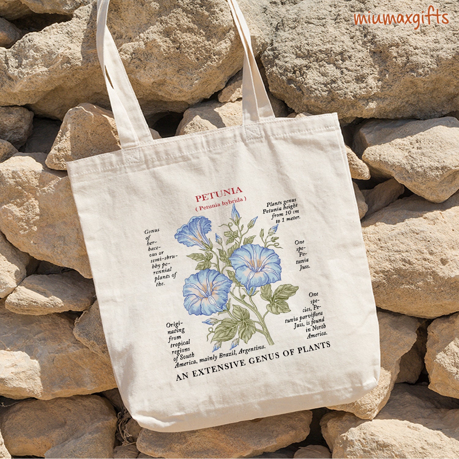 Petunia Cotton Tote Bag, Retro Flower Tote Bag, Wildflower Bag, Tote Design By Miumaxgift, Natural Cotton Tote Bag, Eco-Friendly Tote Bag