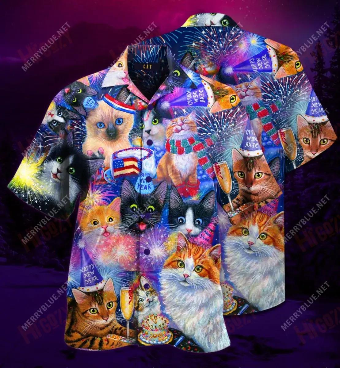 ShirtHome 2025 Gifts Cats Wish You Happy New Year Short Hawaiian Shirt Summer Aloha Shirt Tactical Hawaiian Shirt Hawaiian Shirt Pattern, Hawaiian Shirt Gift, Christmas Gift