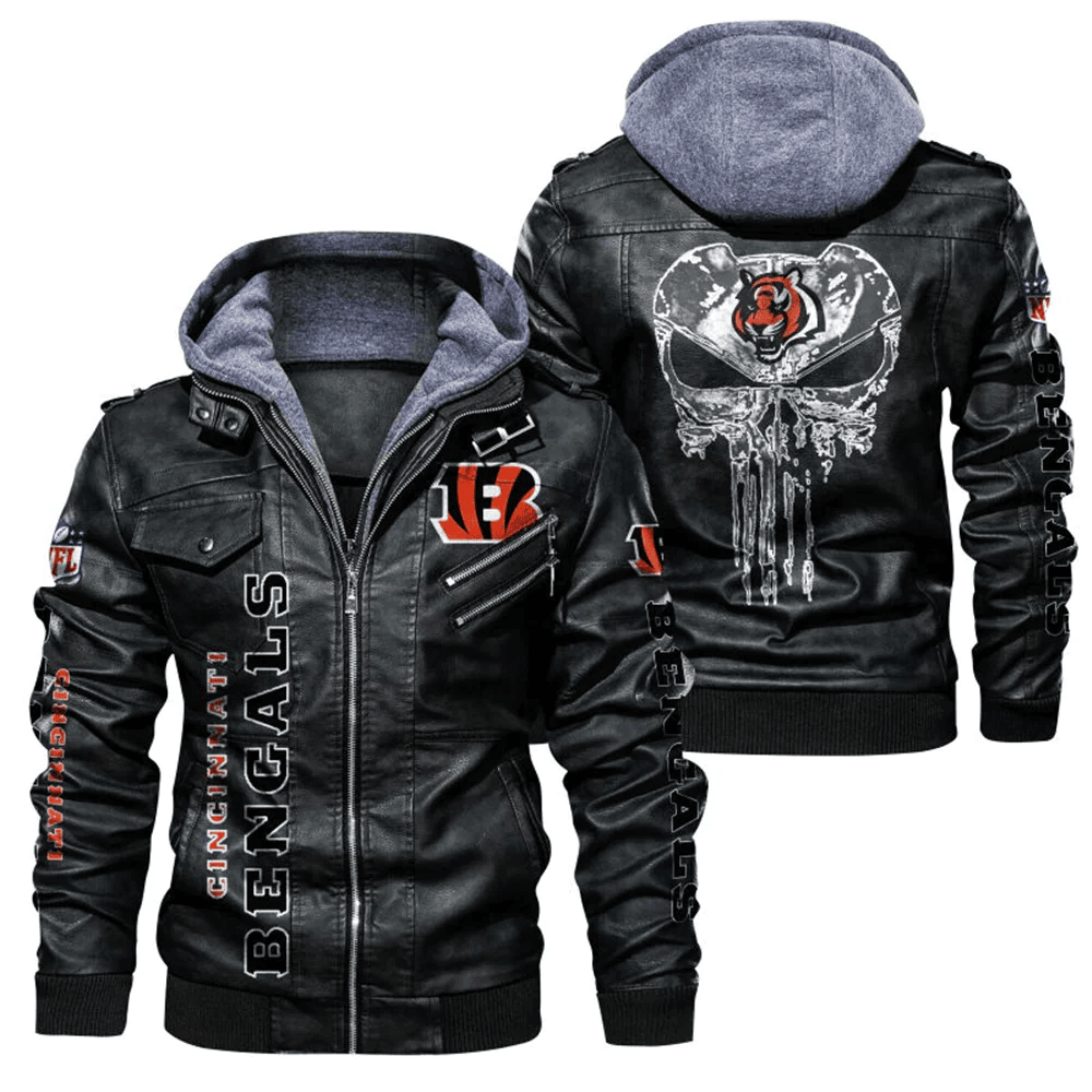 Cincinnati Bengals Skull Zip Leather Jacket With Hood