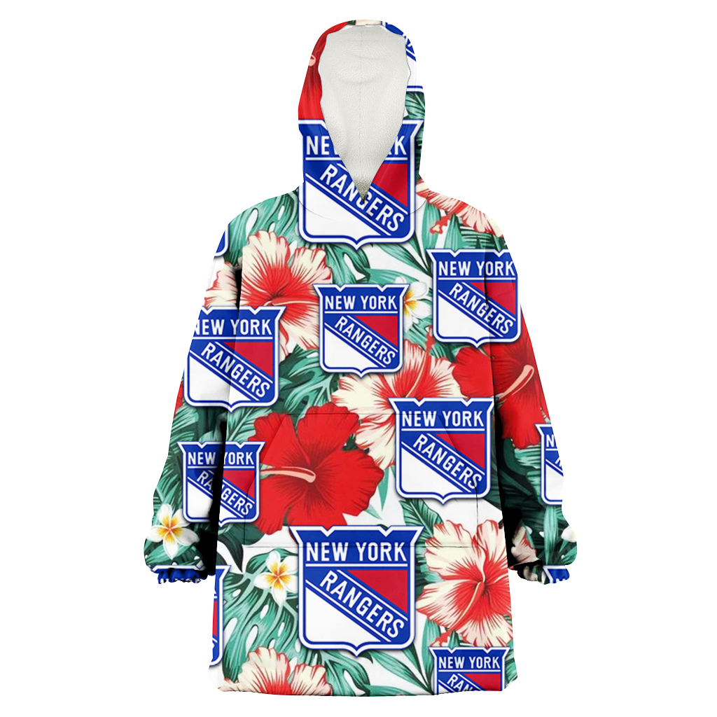 New York Rangers Red Coral Hibiscus White Porcelain Flower Banana Leaf 3D Printed Hoodie Blanket Snug Hoodie