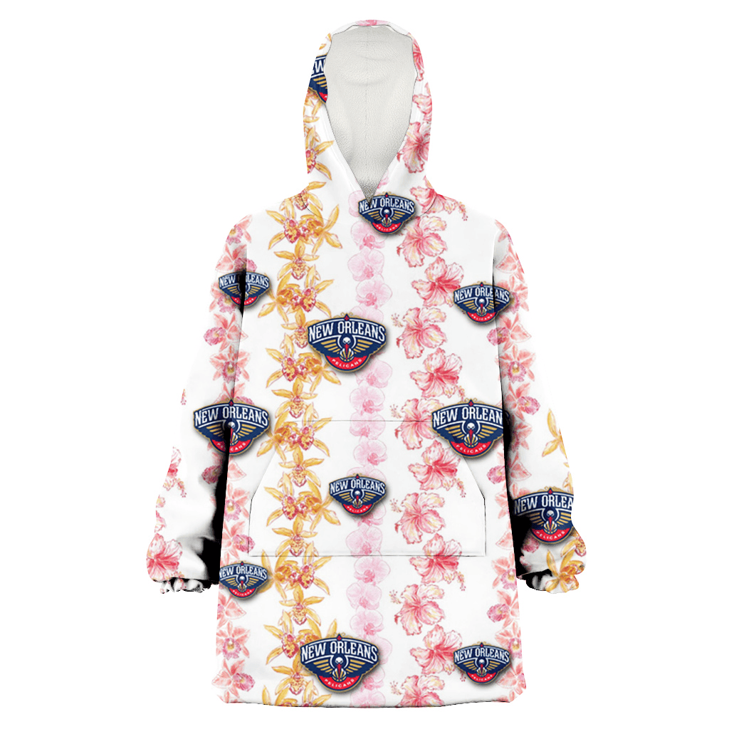 New Orlean Pelicans Pink Hibiscus Yellow Pink Orchid White Background 3D Printed Hoodie Blanket Snug Hoodie