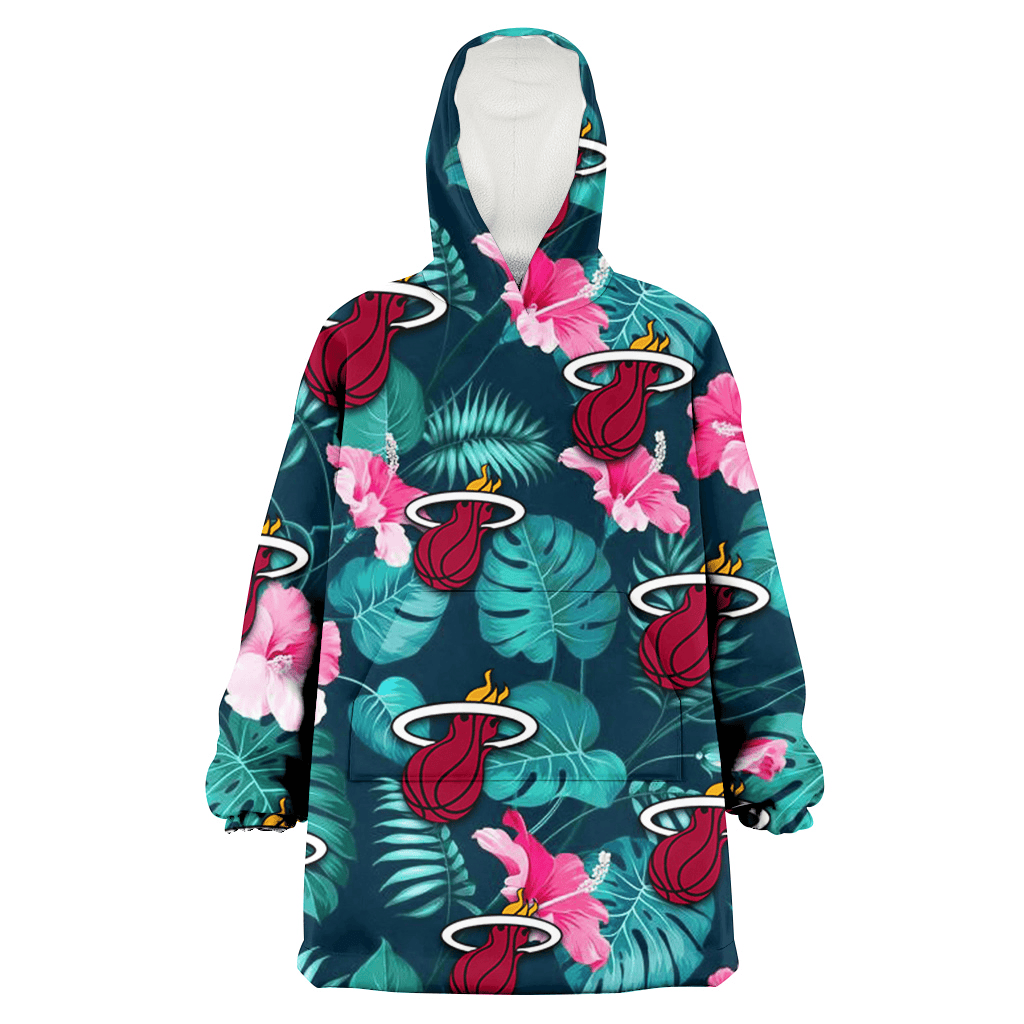 Miami Heat Pink Hibiscus Green Leaves Dark Background 3D Printed Hoodie Blanket Snug Hoodie