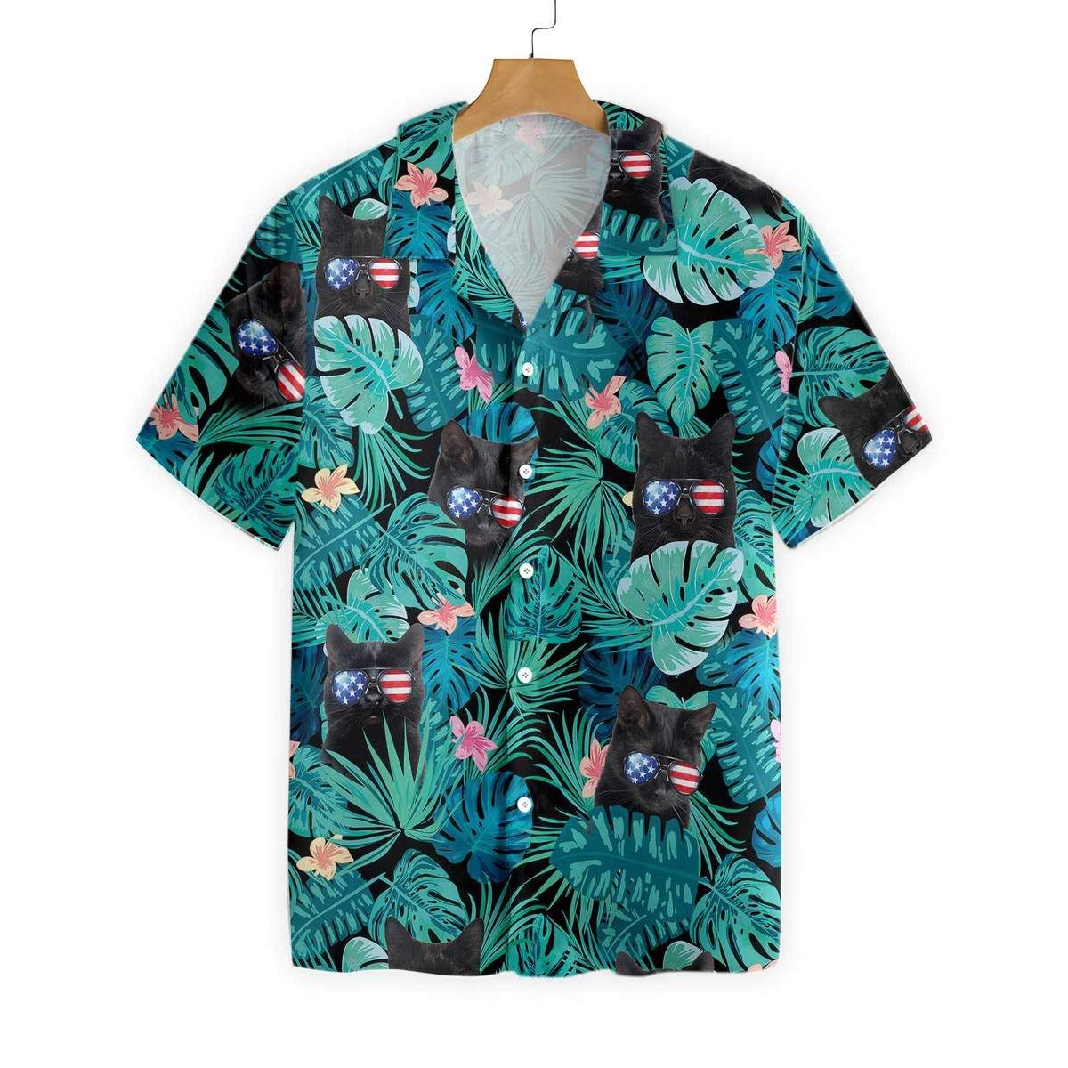 Black Cat Tropical 4Th Of July Hawaiian Shirt, Tropical Flower Hawaiian Shirt, Summer Vacation