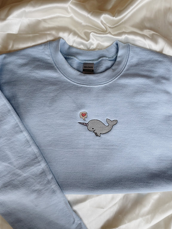 Love Heart Narwhal Embroidered Sweatshirt 2D Crewneck Sweatshirt All Over Print Sweatshirt For Women Sweatshirt For Men Sws3912