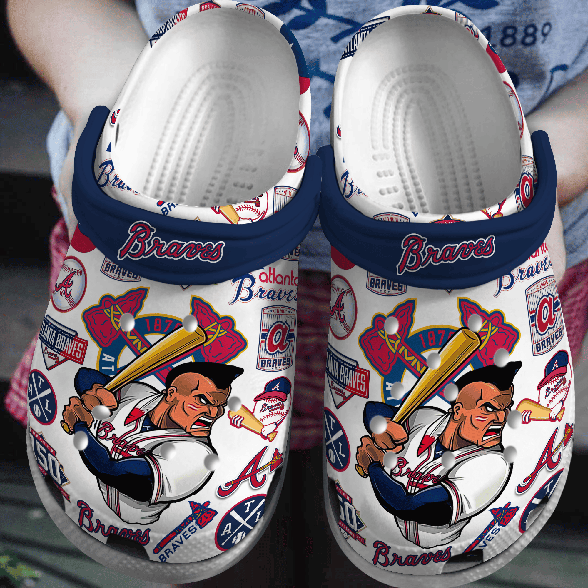 Atlanta Braves Logo Baseball MLB Cheer Mascot White And Navy Blue Crocss Classic Clogs Shoes Ver42