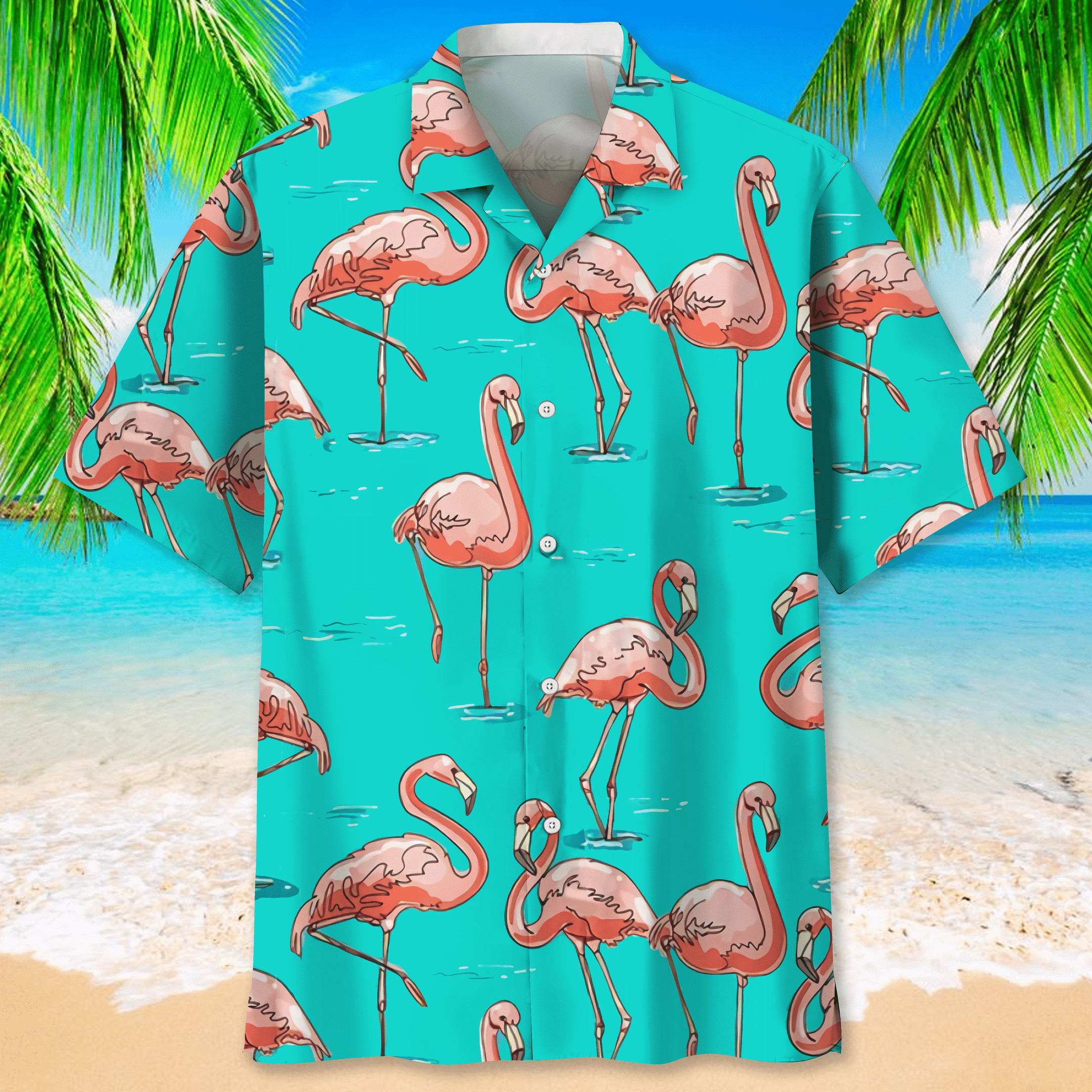 Flamingo Blue Hawaiian Shirt, Short Sleeve Summer Vacation Beach Shirts For Men