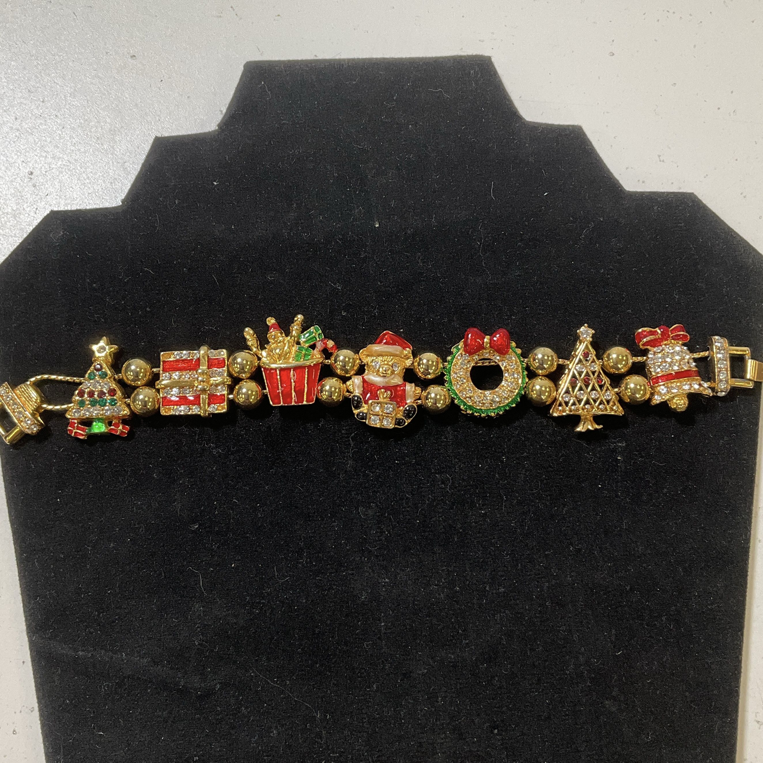 Christmas Slide Charm Bracelet Enamel Rhinestone & Gold Tone Fashion Jewelry