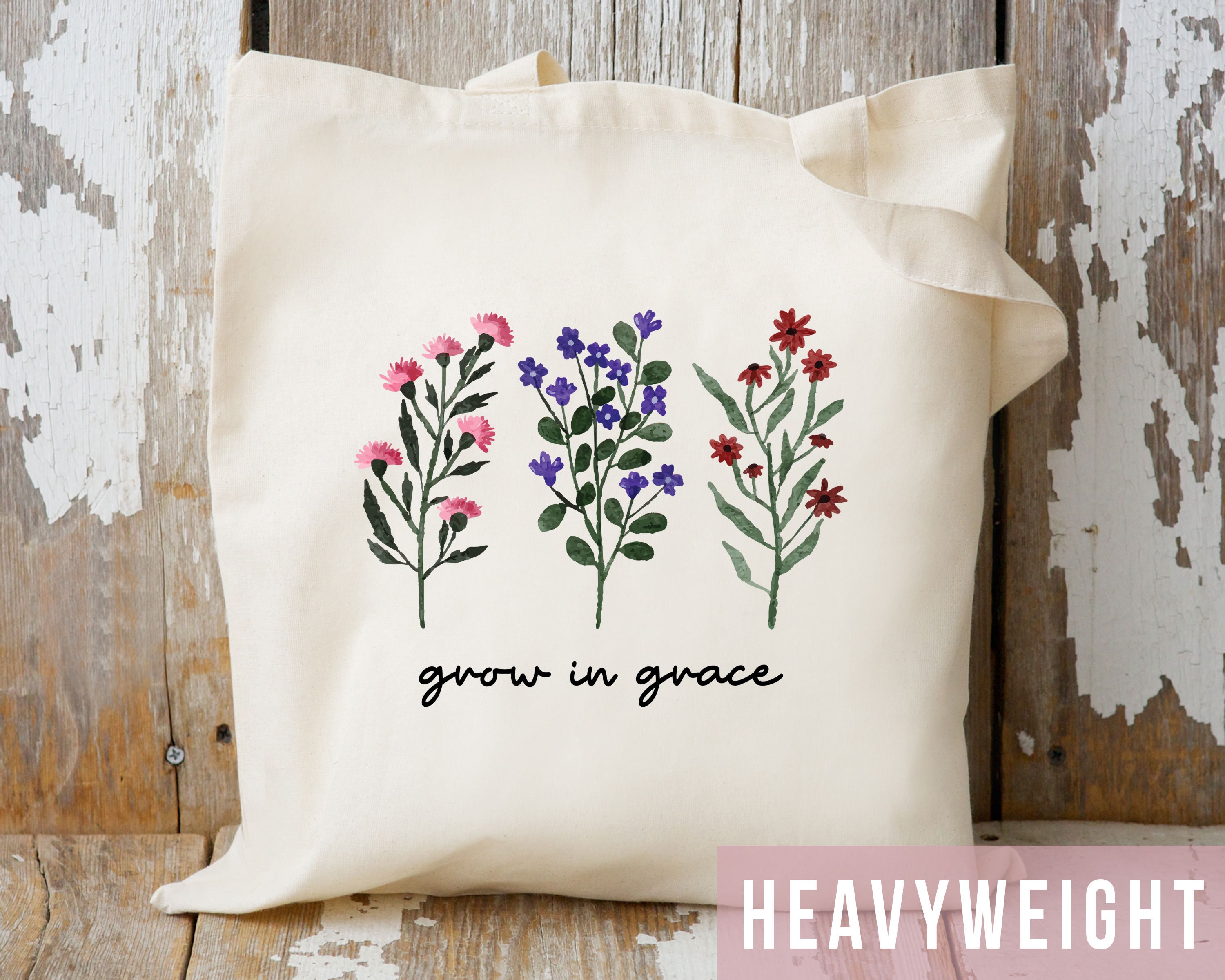 Grow In Grace Floral Tote Bag Christian Tote Bag Flower Tote Bag Christian Bible Tote Bag Jesus Tote Bag Christian Merch Trendy Wildflower